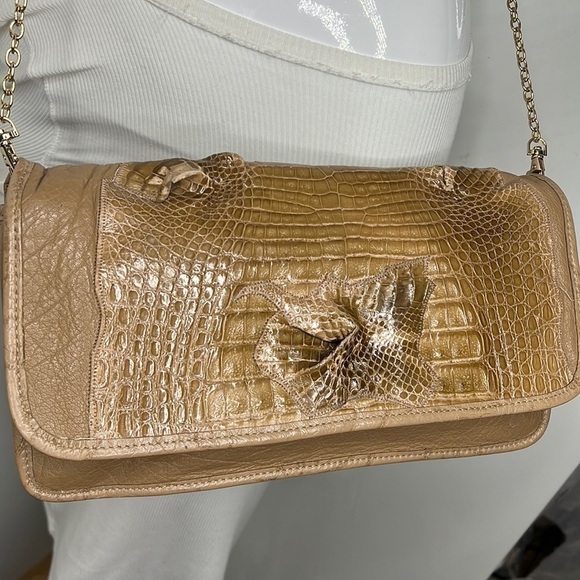 Carlos Falchi Exotic Crocodile Alligator and Leather Snap Envelope Clutch Bag